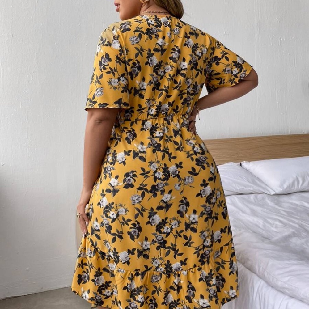 PLUS Floral Yellow Front Tie Ruffle Mini Dress - Picture 4 of 5
